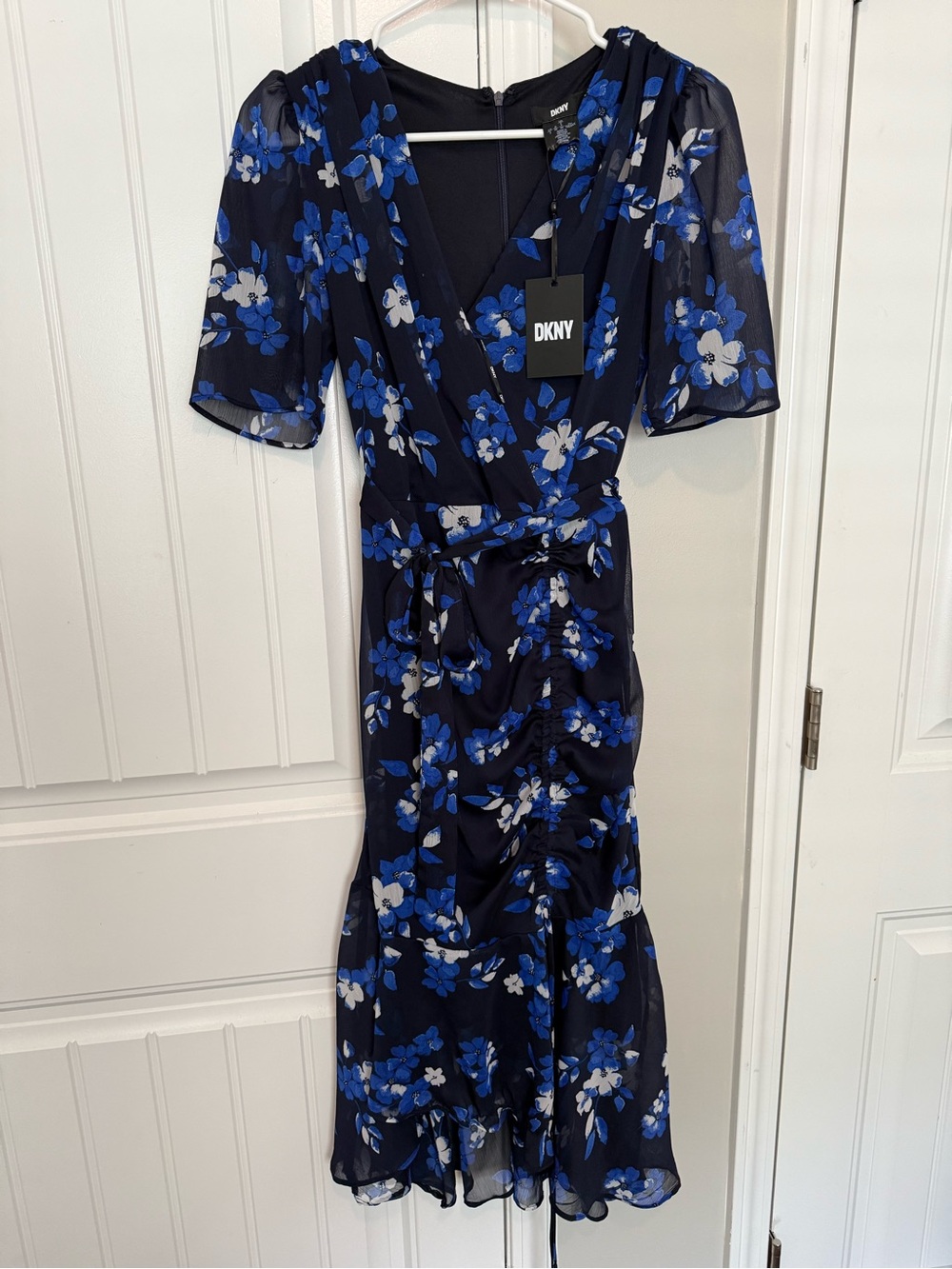 NWT DKNY Navy Blue Floral Wrap Midi Dress
